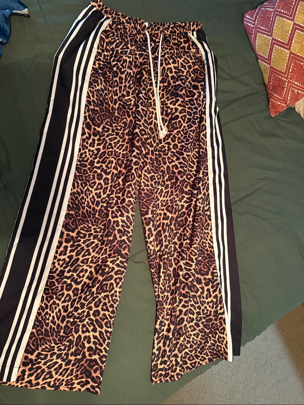 Leopard Print Wide-Leg Track Pants with Side Stripes
